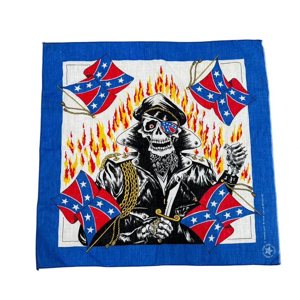 Vintage Biker Bandana Skeleton Rider Confederate Flag Blue 21x21 USA Made